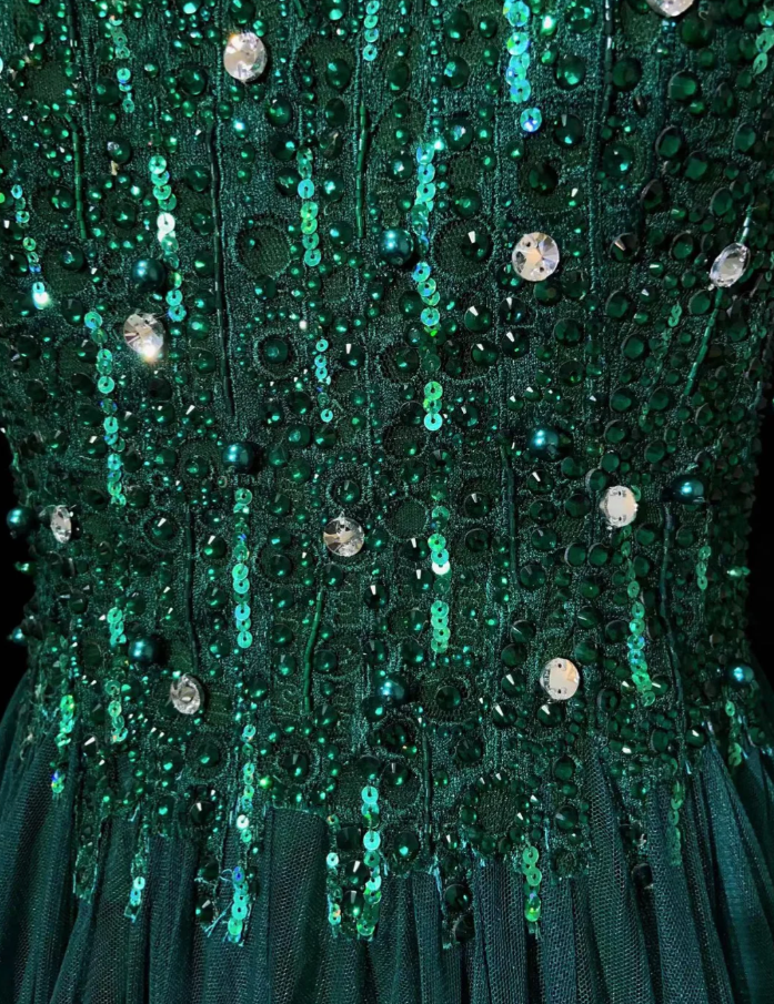 Hunter Green Fairy A-Line Long Prom Dresses Tulle Beaded Birthday Dresses Sleeveless Evening Dresses DP04381