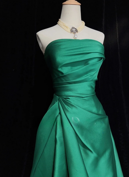 Green Fairy A-Line Long Prom Dresses Satin Strapless Bridesmaid Dresses DP04382