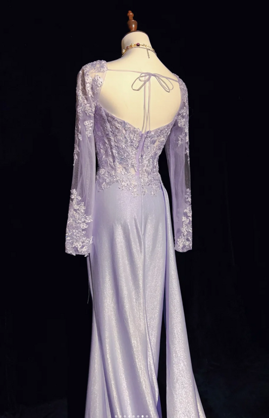 Glam Purple Sheath Long Evening Dresses Satin Appliques Long Sleeves Mother of Bride Dresses With Slits DP04404