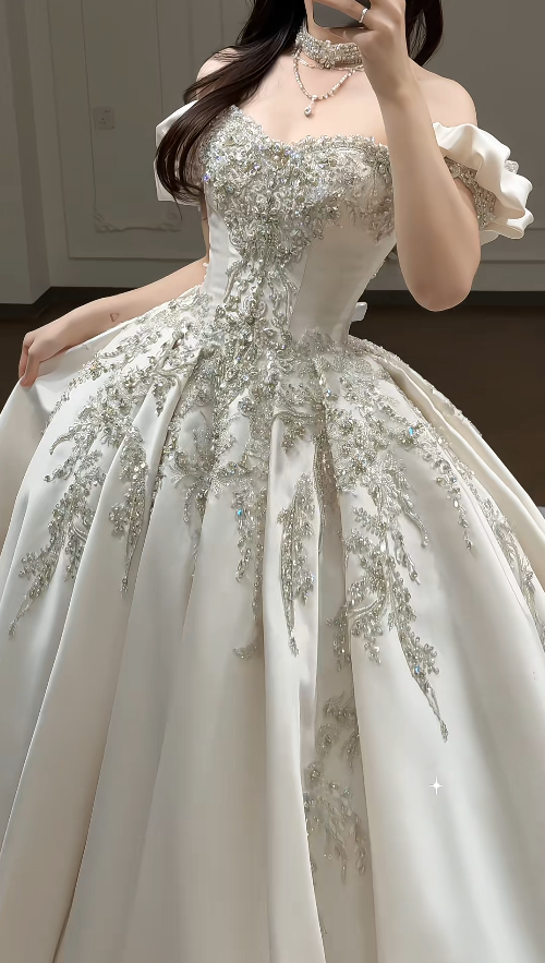 Timeless A-Line Long Wedding Dresses Satin Beaded Bridal Gowns Sleeves Bridal Dresses DP04416
