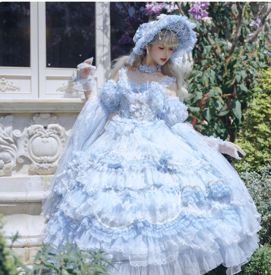 Cute Blue Lolita Dresses Off-shoulder Tulle Birthday Dresses Sweet Tiered Long Prom Dresses DP04443