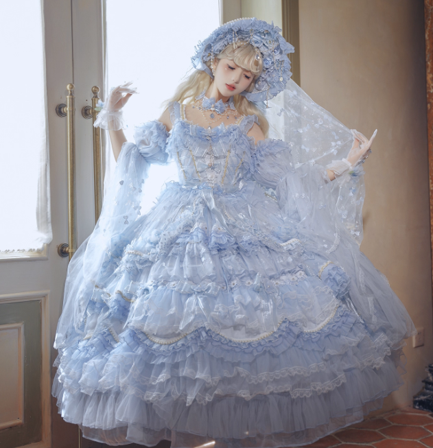 Cute Blue Lolita Dresses Off-shoulder Tulle Birthday Dresses Sweet Tiered Long Prom Dresses DP04443