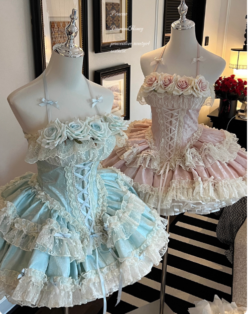 Cute Pink Lolita Dresses Halter Flowers Lace Birthday Dresses Sweet Long Prom Dresses DP04446
