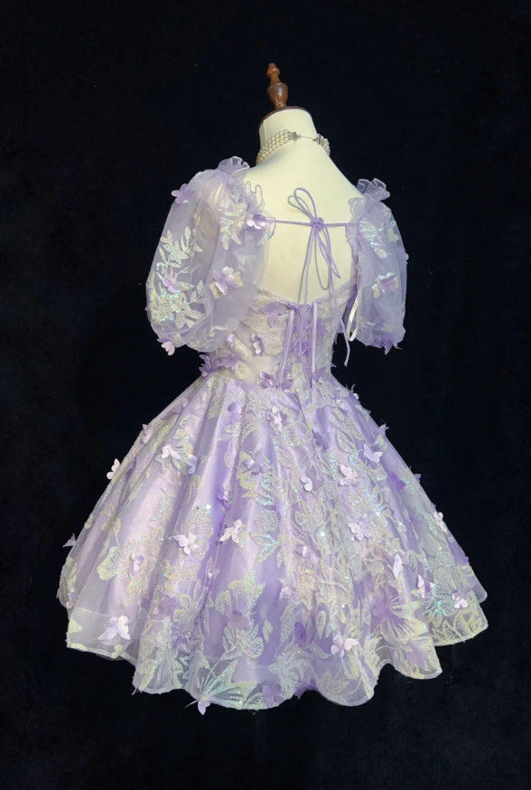 Cute Square Neck A-Line Short Prom Dresses Tulle Lilac Party Dresses Short Sleeves Evening Dresses DP04471