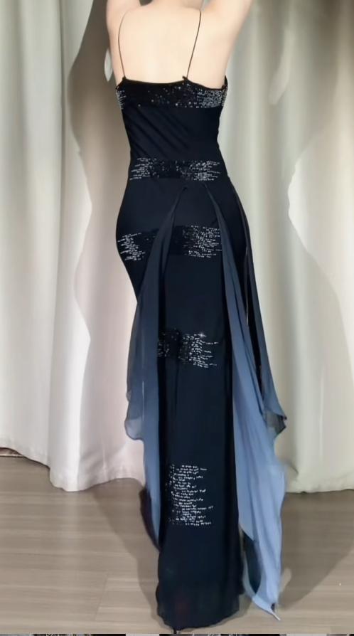 Glam Black Sheath Long Prom Dresses Chiffon Beaded Spaghetti Straps Evening Dresses DP04478