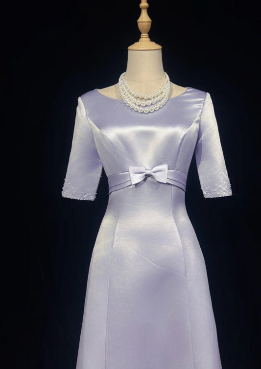 Elegant A-Line Long Evening Dresses Satin Short Sleeves Purple Mother of Bride Dresses DP04546