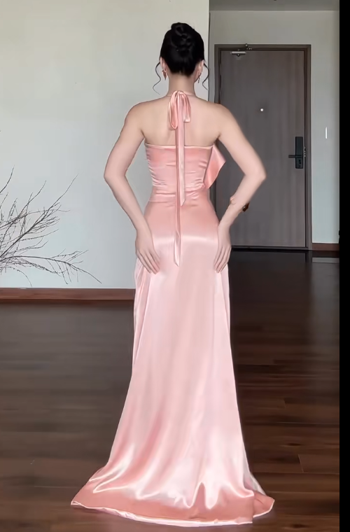 Elegant Halter Sheath Long Evening Dresses Satin Sleeveless Pink Wedding Guest Dresses DP04555