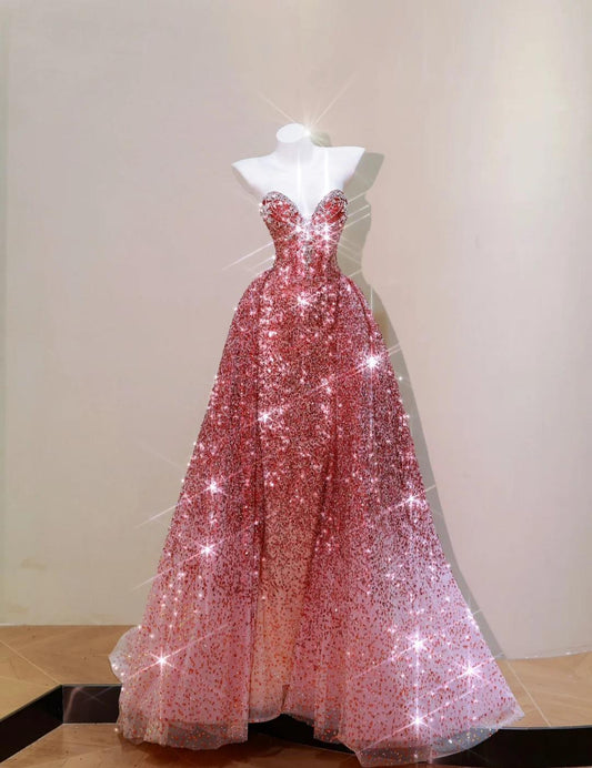 Chic A-Line Evening Dresses Sweetheart Burgundy Long Prom Dresses Sequins Tulle Sleeveless Brithday Dresses DP04572