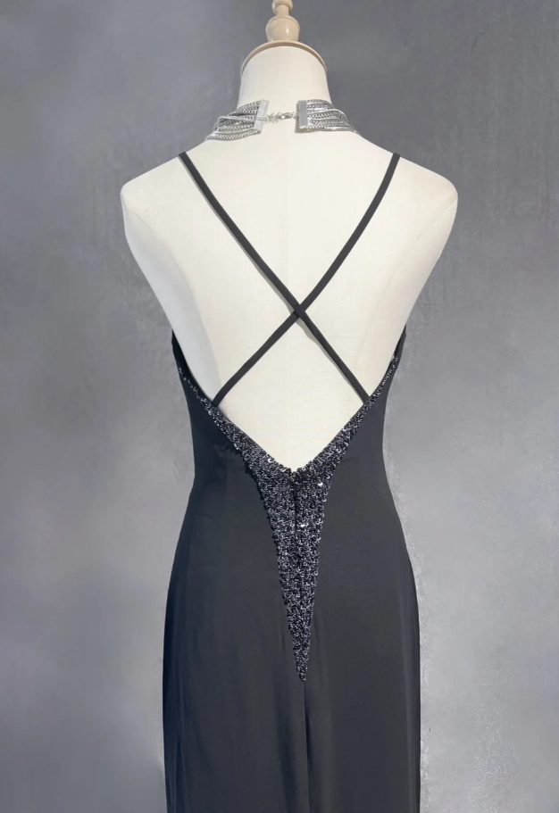Chic Sheath Evening Dresses Beaded Chiffon Black Long Prom Dresses Sleeveless Brithday Dresses DP04585