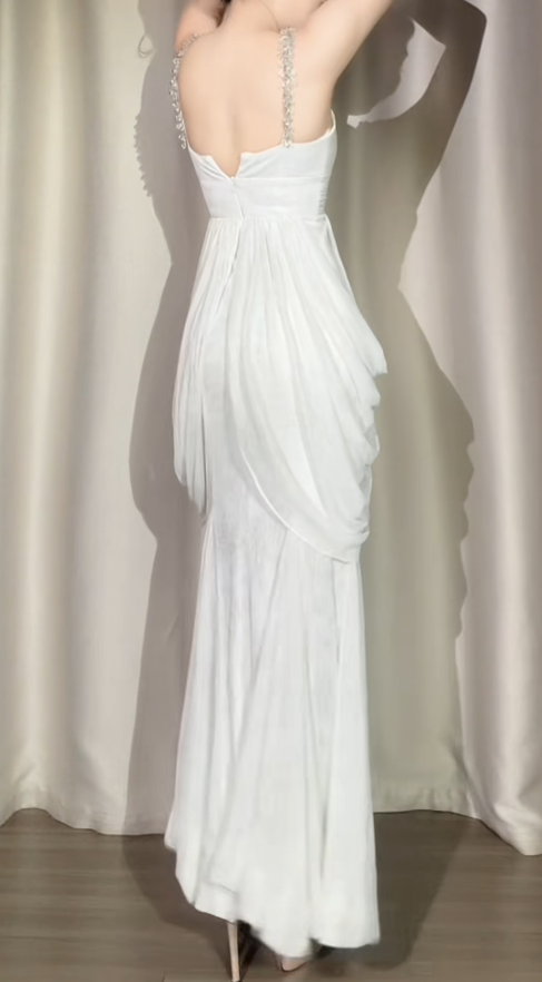 Chic Sheath Evening Dresses Chiffon White Long Prom Dresses Sleeveless Brithday Dresses DP04586