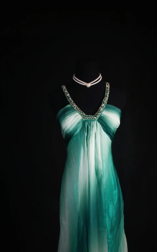 Chic Sheath Evening Dresses Chiffon Green Long Prom Dresses V-neck Brithday Dresses DP04590