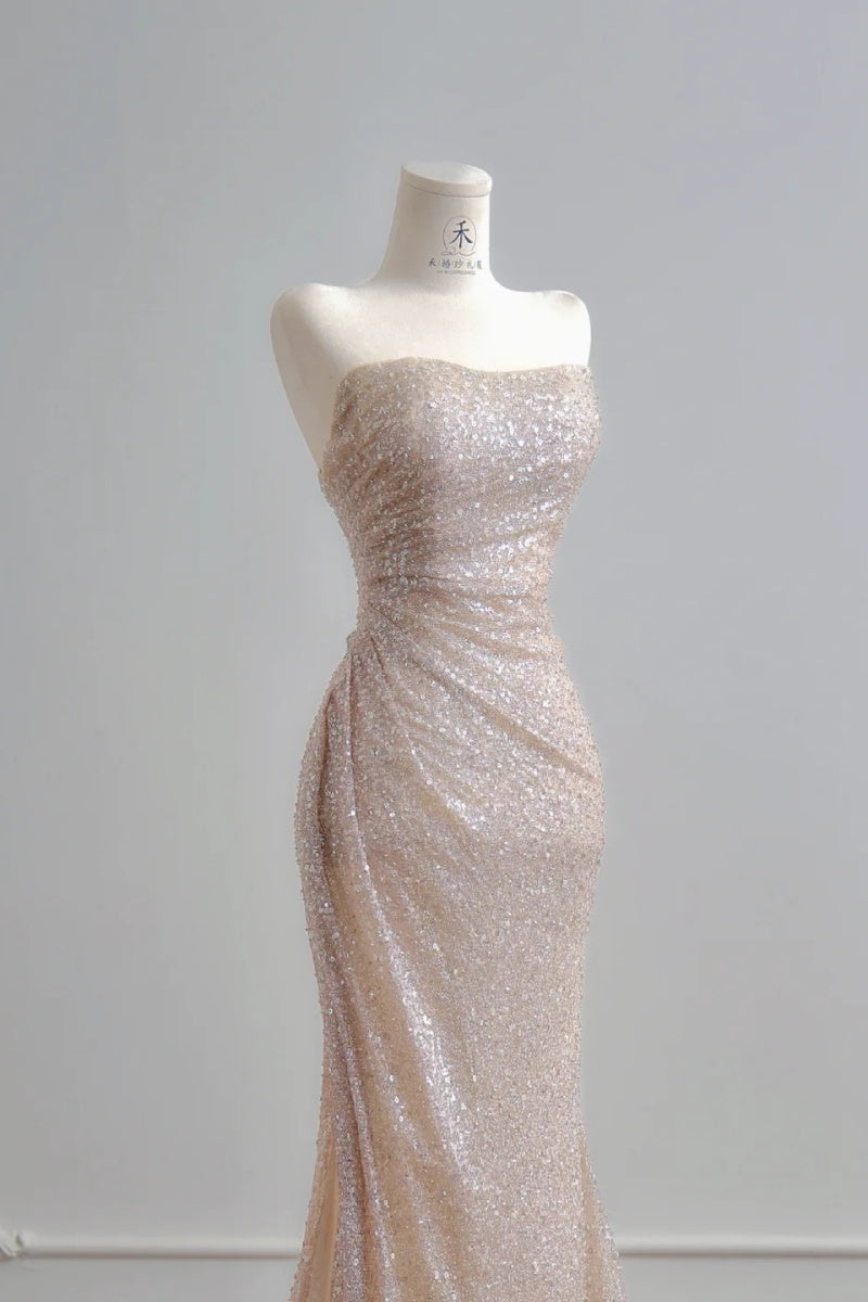 Elegant Strapless Sheath Long Prom Dresses Tulle Sequins Champagne Evening Dresses DP04597