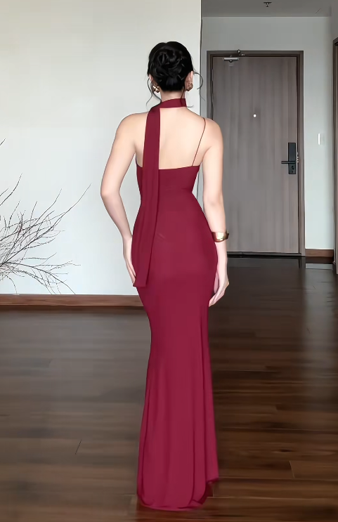 Gorgeous Burgundy Long Prom Dresses Spaghetti Straps Sheath Birthday Dresses Chiffon Sleeveless Evening Gowns DP04740