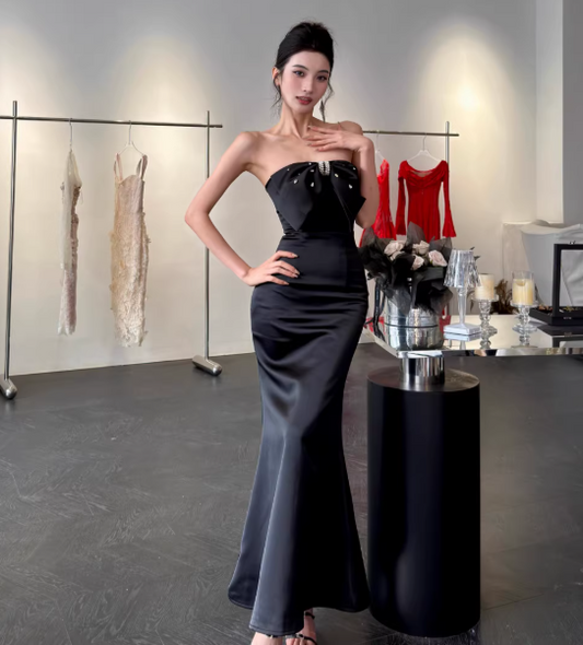 Chic Mermaid Black Long Prom Dresses Satin Strapless Sleeveless Evening Dresses DP04772
