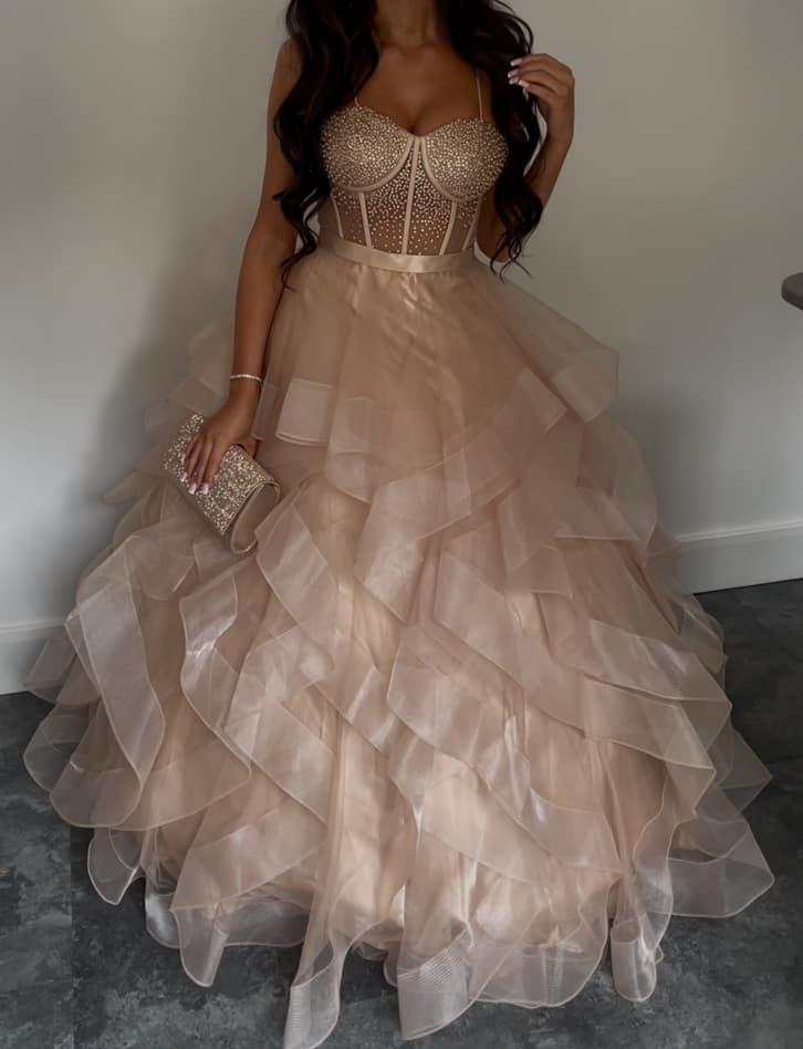 Elegant A-Line Chanmpagne Long Prom Dresses Tulle Spaghetti Straps Sleeveless Evening Gowns DP04782