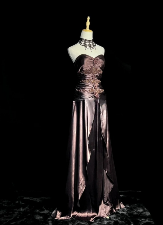 Fashion Sheath Brown Long Prom Dresses Beaded Satin Strapless Sleeveless Evening Gowns DP04787
