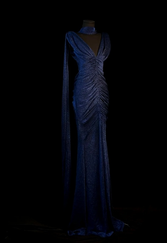 Vintage Sheath Blue Long Prom Dresses Glitter Satin V-neck Sleeveless Evening Gowns DP04787