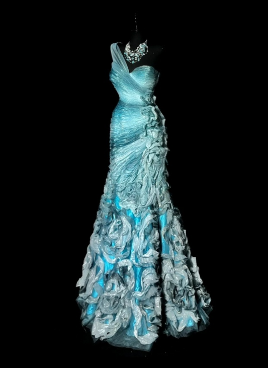 Vintage Mermaid Blue Long Prom Dresses Tulle One-shoulder Sleeveless Evening Gowns DP04789