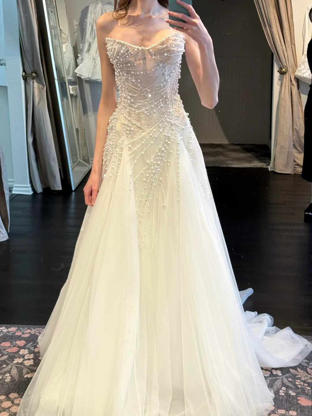 Modest A-Line Long Wedding Dress Beaded Tulle Strapless White Bridal Gown Sleeveless Bridal Dress DP04800