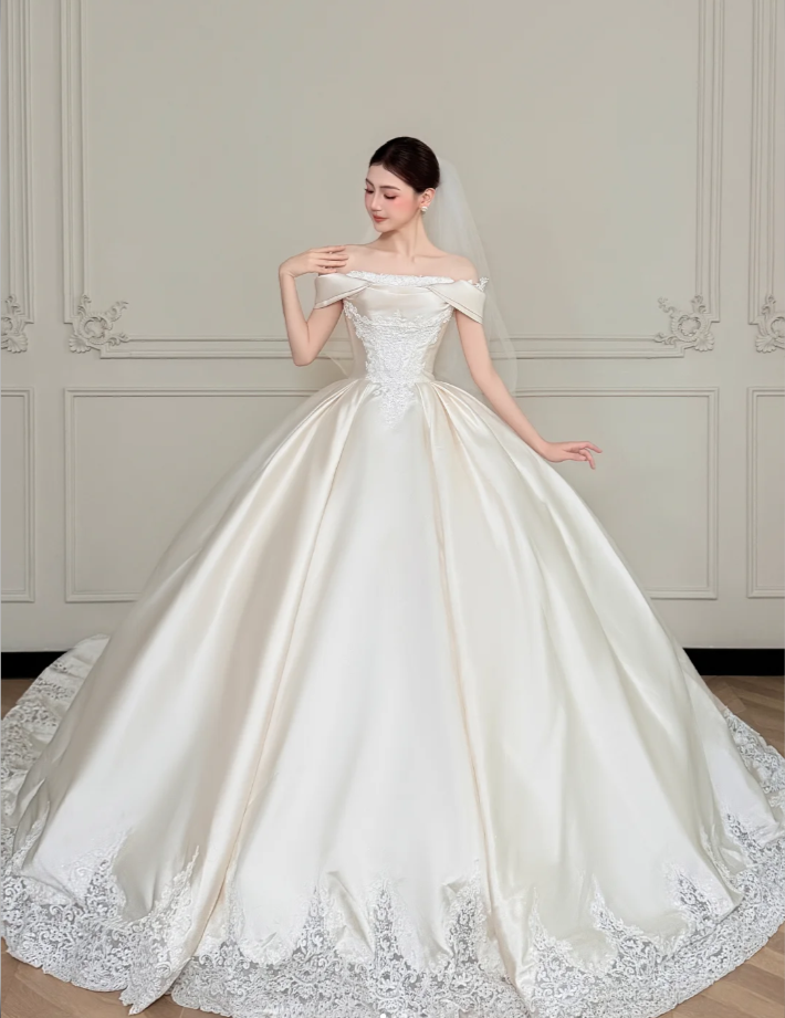 Timeless A-line Long Wedding Dress Satin Off-shoulder Bridal Dress Cup Sleeves Birdal Gowns DP04816