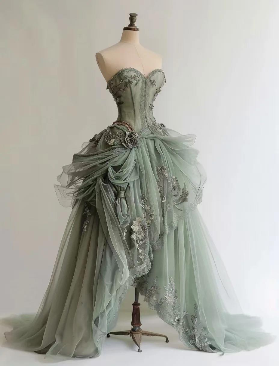 Cute Ball Gown Green Hi-lo Prom Dress Tulle Sweetheart Evening Dress Sleeveless Party Dress DP04828