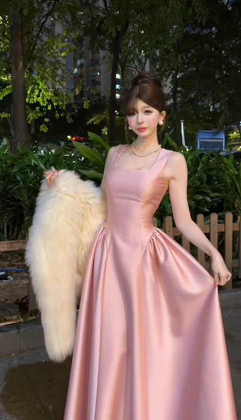 Cute A-Line Pink Long Prom Dress Satin Square Neck Evening Dress Sleeveless Birthday Dres DP04849