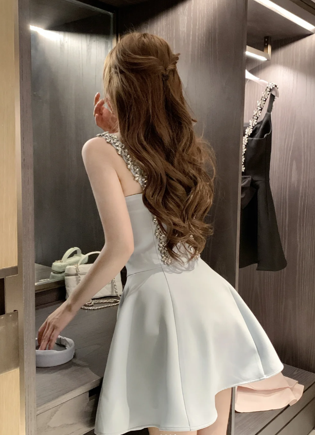 pale blue a line dress Fairy A-Line Pale Blue Short Prom Dress Satin Straps Evening Dress Sle – DivineProm