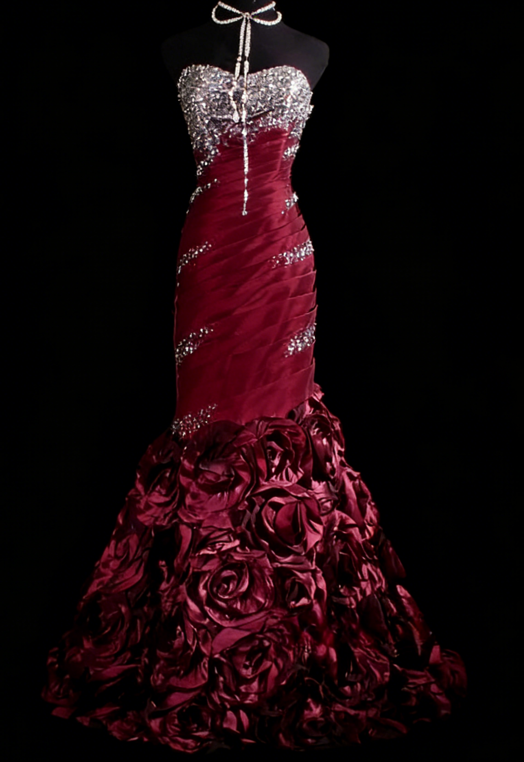 Elegant Burgundy Long Prom Dress Satin Beaded Mermaid Sleeveless Evening Dress DP04874