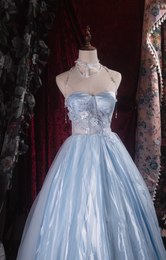 Gorgeous Blue Long Prom Dress Tulle Sweetheart Party Dress A-Line Sleeveless Evening Dress DP04880