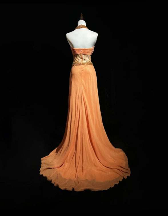 Chic Orange Long Prom Dress Beaded Chiffon Halter Party Dress Sheath Sleeveless Evening Dress DP04882