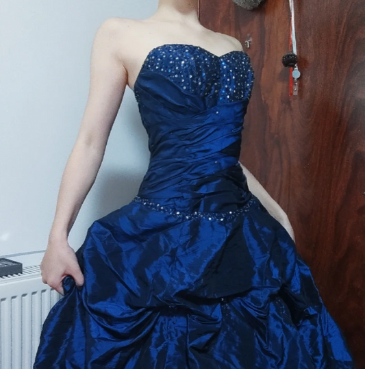 Chic Dark Blue Long Prom Dress Beaded Satin Sweetheart Party Dress A-Line Sleeveless Evening Dress DP04889