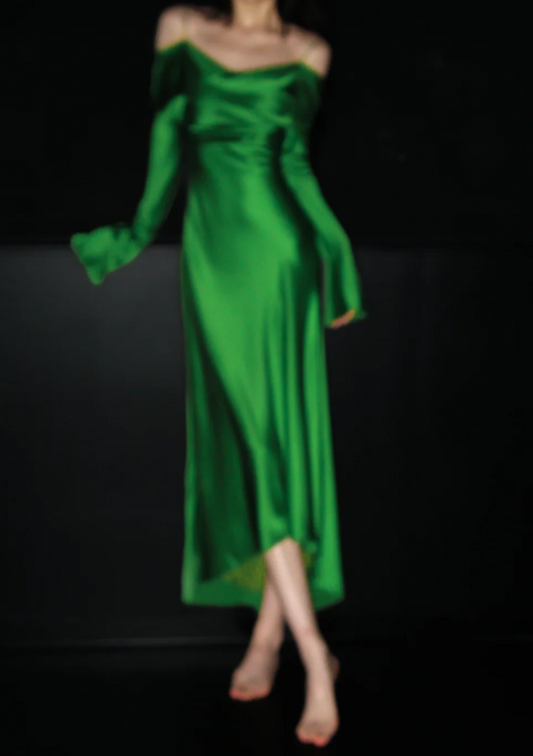 Chic Green Long Prom Dress Satin Sapghetti Straps Party Dress Sheath Long Sleeves Evening Dress DP04890