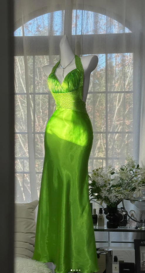 Chic Green Long Prom Dress Beaded Satin Halter Birthday Dress Sheath Sleeveless Evening Dress DP04895
