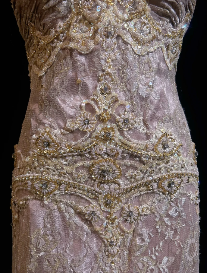 Gorgeous Pink Long Prom Dresses Beaded Lace Queen Anne Sheath Evening Dress Sleeveless Formal Dress DP04903