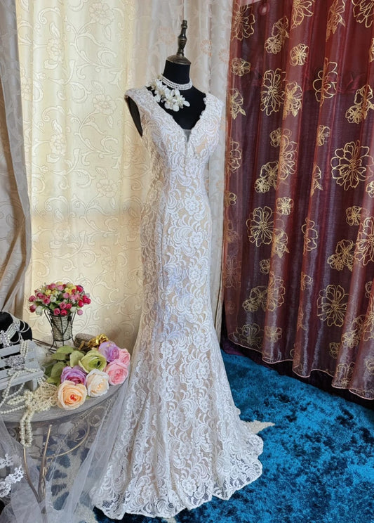 Elegant Champagne Long Prom Dresses Lace V-neck Mermaid Evening Dress Sleeveless Wedding Reception Dress DP04904