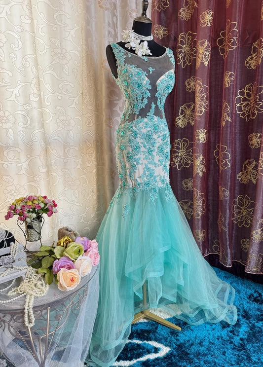 Elegant Tiffany Blue Long Prom Dresses Tulle Appliques U-neck Mermaid Evening Dress Sleeveless Birthday Dress DP04905