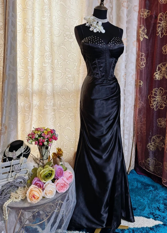 Elegant Black Long Prom Dresses Satin Spaghetti Straps Sheath Evening Dress Sleeveless Birthday Dress DP04906