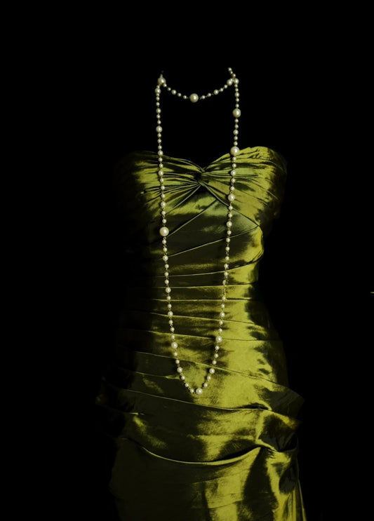 Chic Olive Green Long Prom Dresses Satin Sweetheart Sheath Evening Dress Sleeveless Birthday Dress DP04909