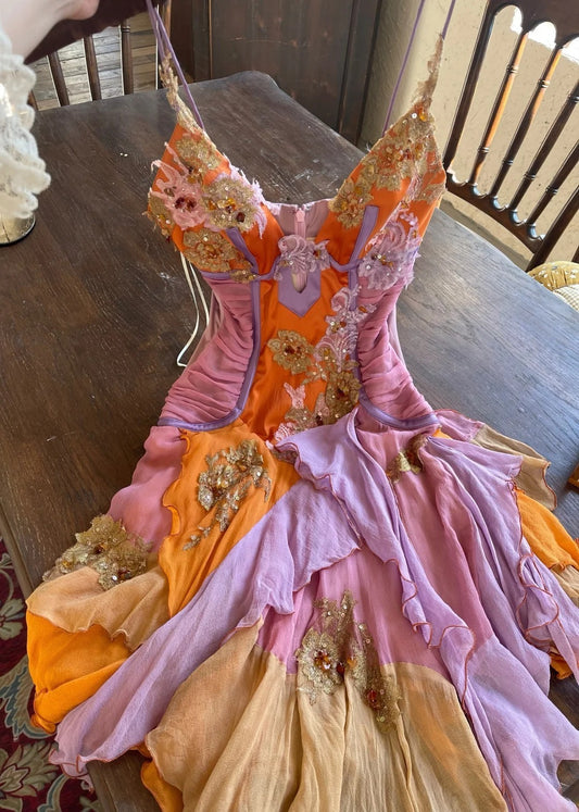 Chic Orange Short Prom Dresses Beaded Chiffon Sheath Evening Dress Spaghetti Straps Birthday Dress DP04913