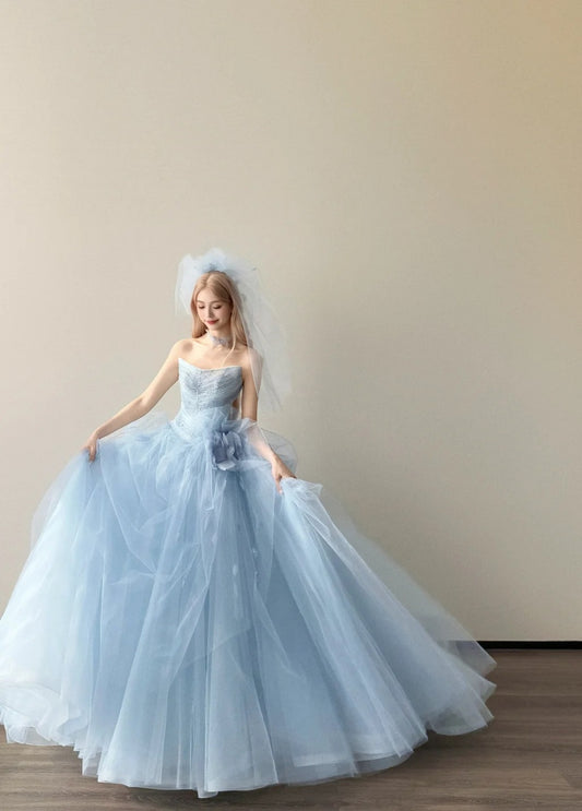 Cute Pale Blue Long Prom Dresses Tulle A-line Evening Dress Strapless Birthday Dress DP04915