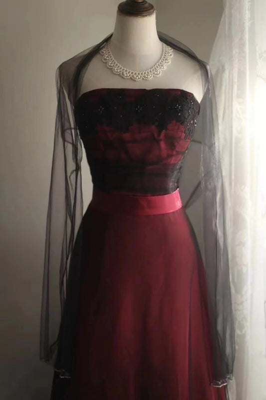 Chic Burgundy Long Prom Dresses Tulle A-line Evening Dress Strapless Birthday Dress DP04918
