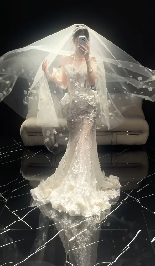 Timeless Mermaid Long Wedding Dress Off-shoulder Applique Tulle Light Champagne Bridal Dress Sleeveless Bridal Gowns DP04942