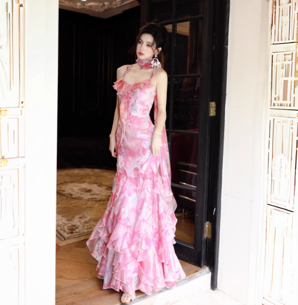 Fairy Floral Long Prom Dress Spaghetti Straps Sheath Evening Dress Chiffon Sleeveless Birthday Dress DP04956
