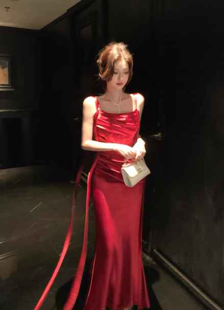 Chic Burgundy Birthday Dress Satin Sheath Long Prom Dress Straps Sleeveless Evening Dress DP04990