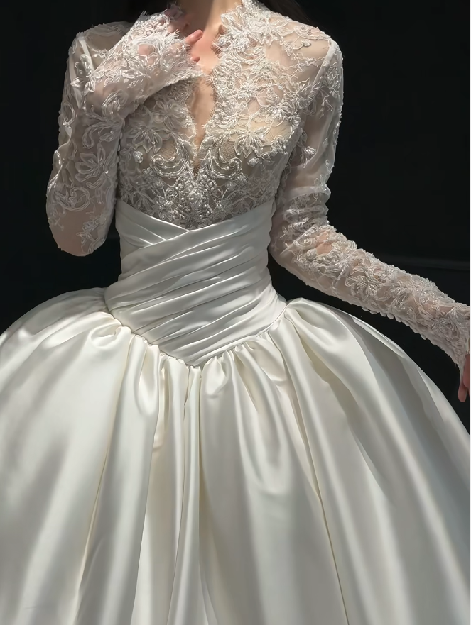 Elegant A-Line Long Wedding Dress Satin V-Neck White Bridal Gown Long Sleeves Bridal Dress DP05004