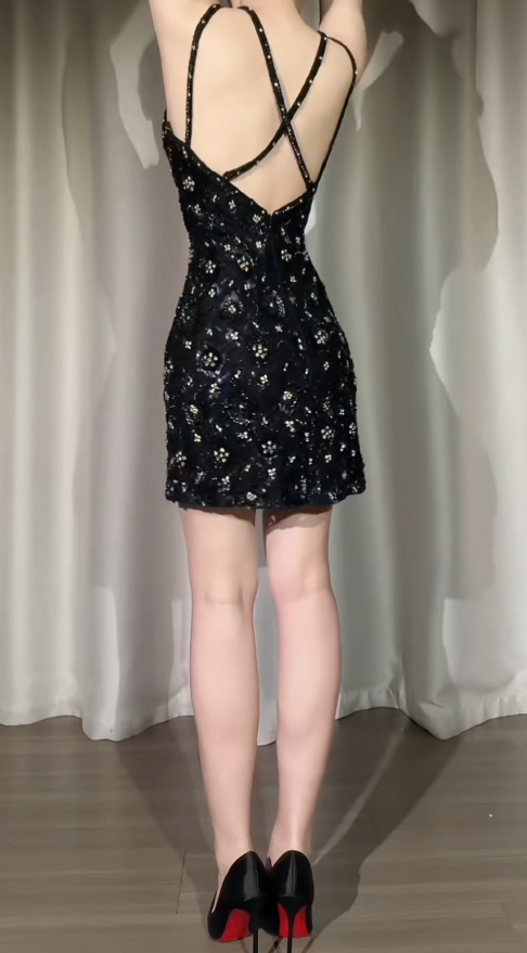 Chic Black Short Prom Dress Tulle Beaded Sheath Evening Dress Sleeveless Party Dress DP05014