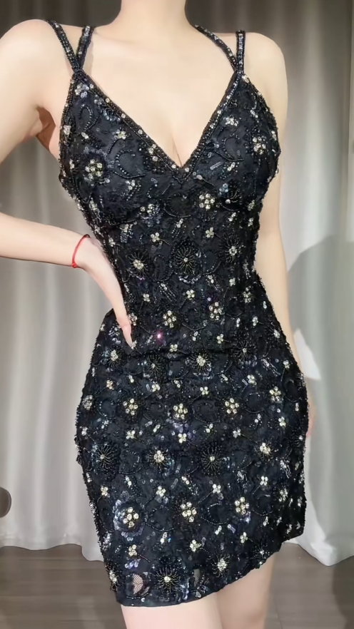 Chic Black Short Prom Dress Tulle Beaded Sheath Evening Dress Sleeveless Party Dress DP05014