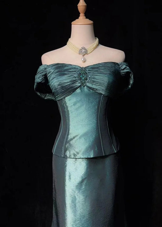 Elegant Long Teal Mother of Bride Dress Off-shoulder Satin Sheath Evening Dress DP05018