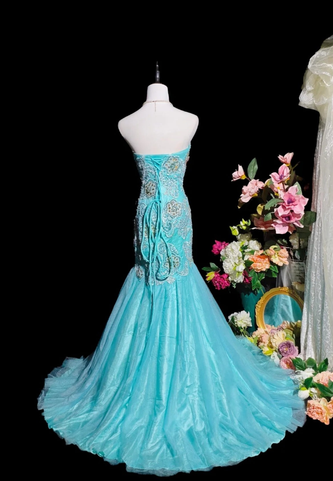 Cute Blue Long Prom Dress Tulle Appliques Mermaid Evening Dress Sleeveless Birthday Dress DP05019