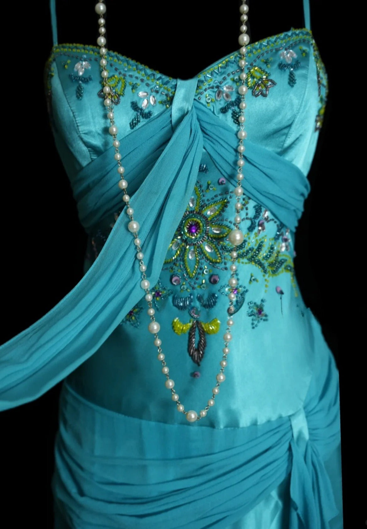 Elegant Turquoise Prom Dress Satin Beaded Spaghetti Straps Long Evening Dress DP05030